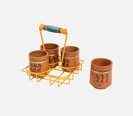 Kullad (earthen cups) with yellow metal stand (set of 4)