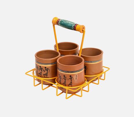 Kullad (earthen cups) with yellow metal stand (set of 4)