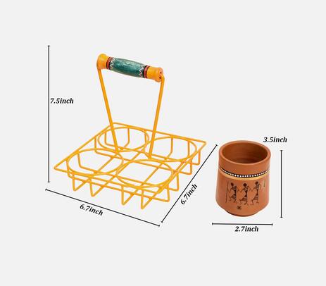 Kullad (earthen cups) with yellow metal stand (set of 4)