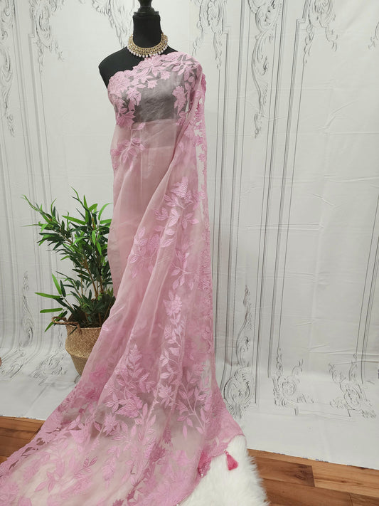 Baby Pink Muslin Saree with Applique Work 056