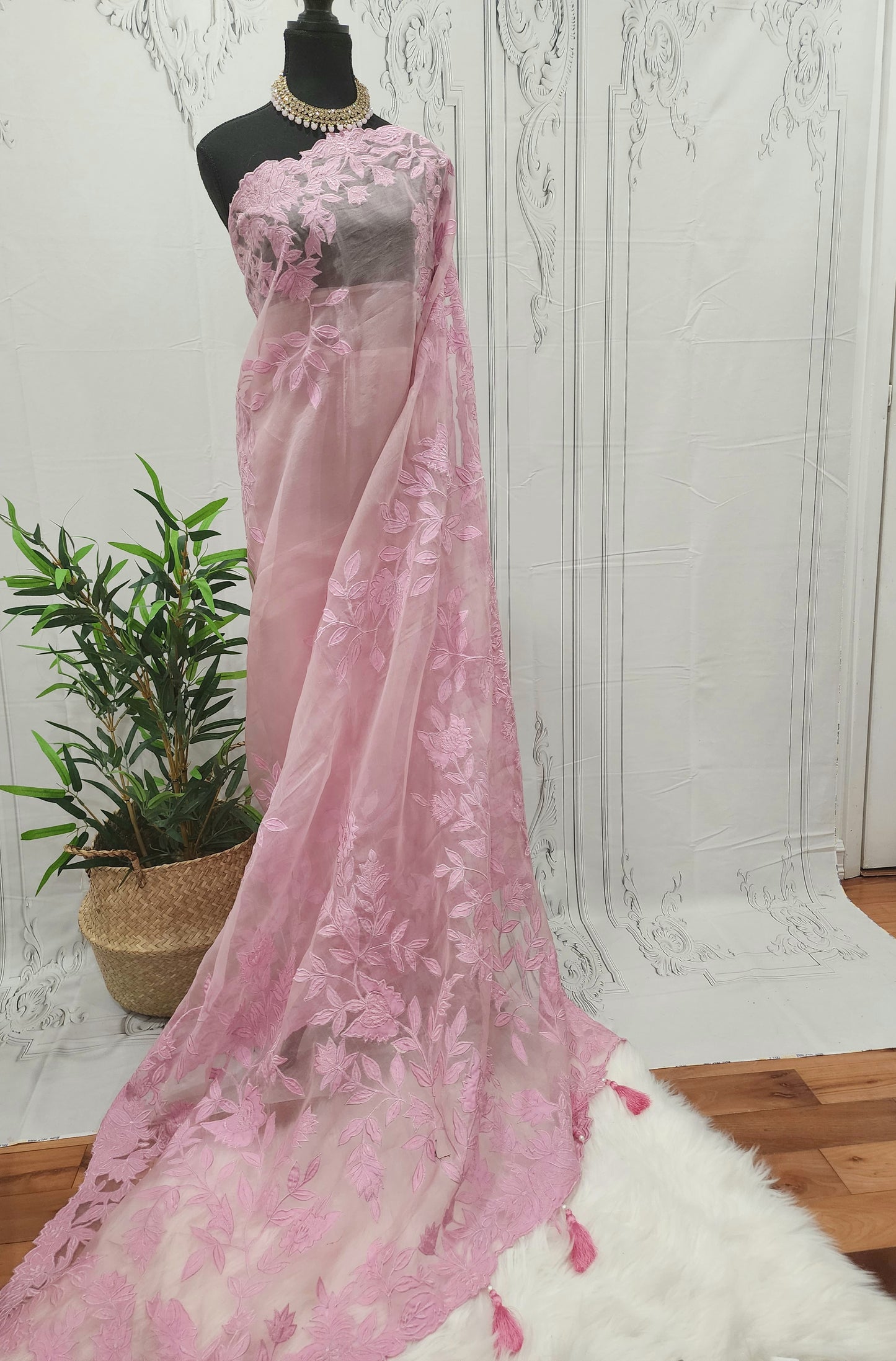 Baby Pink Muslin Saree with Applique Work 056