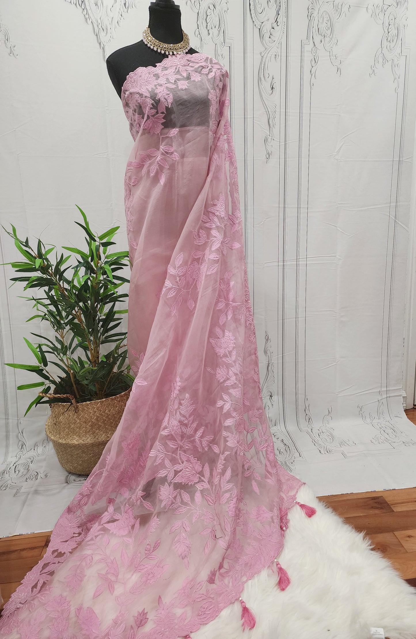 Baby Pink Muslin Saree with Applique Work 056