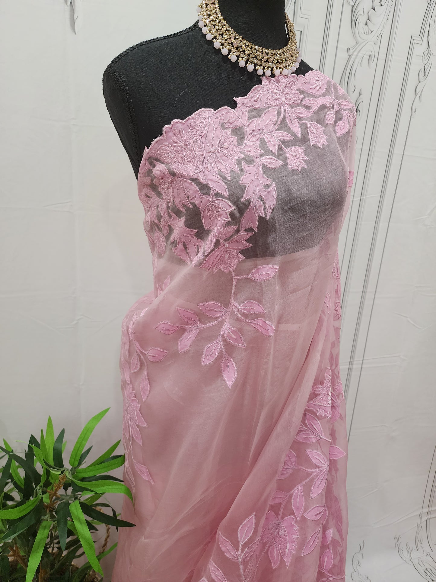 Baby Pink Muslin Saree with Applique Work 056