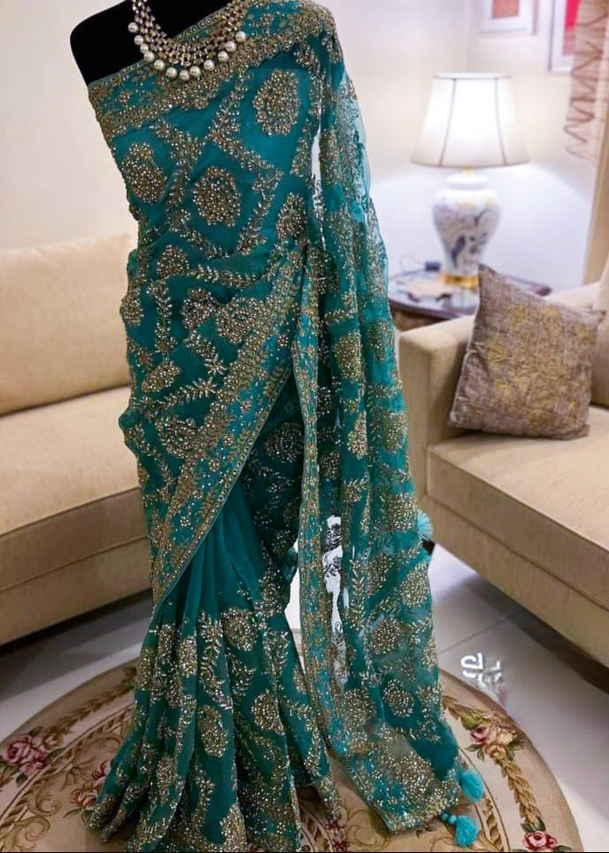 Shayeri - Exquisite Muslin Saree Pearl stone and Ribbon work