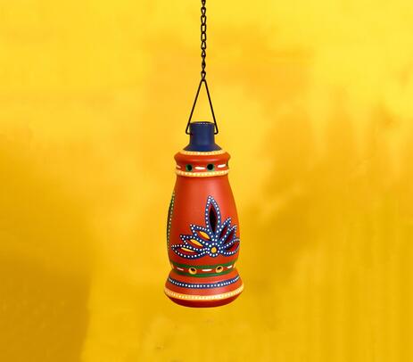 Hand painted terracotta red hanging tea light