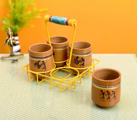 Kullad (earthen cups) with yellow metal stand (set of 4)