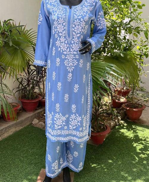 Lucknow Chikankari Kurti- Sky Blue 093